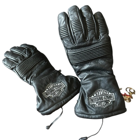 HARLEY DAVIDSON Gloves EMBROIDERED LEATHER HEATED GLOVES UNISEX Size Medium Blk - Picture 2 of 5